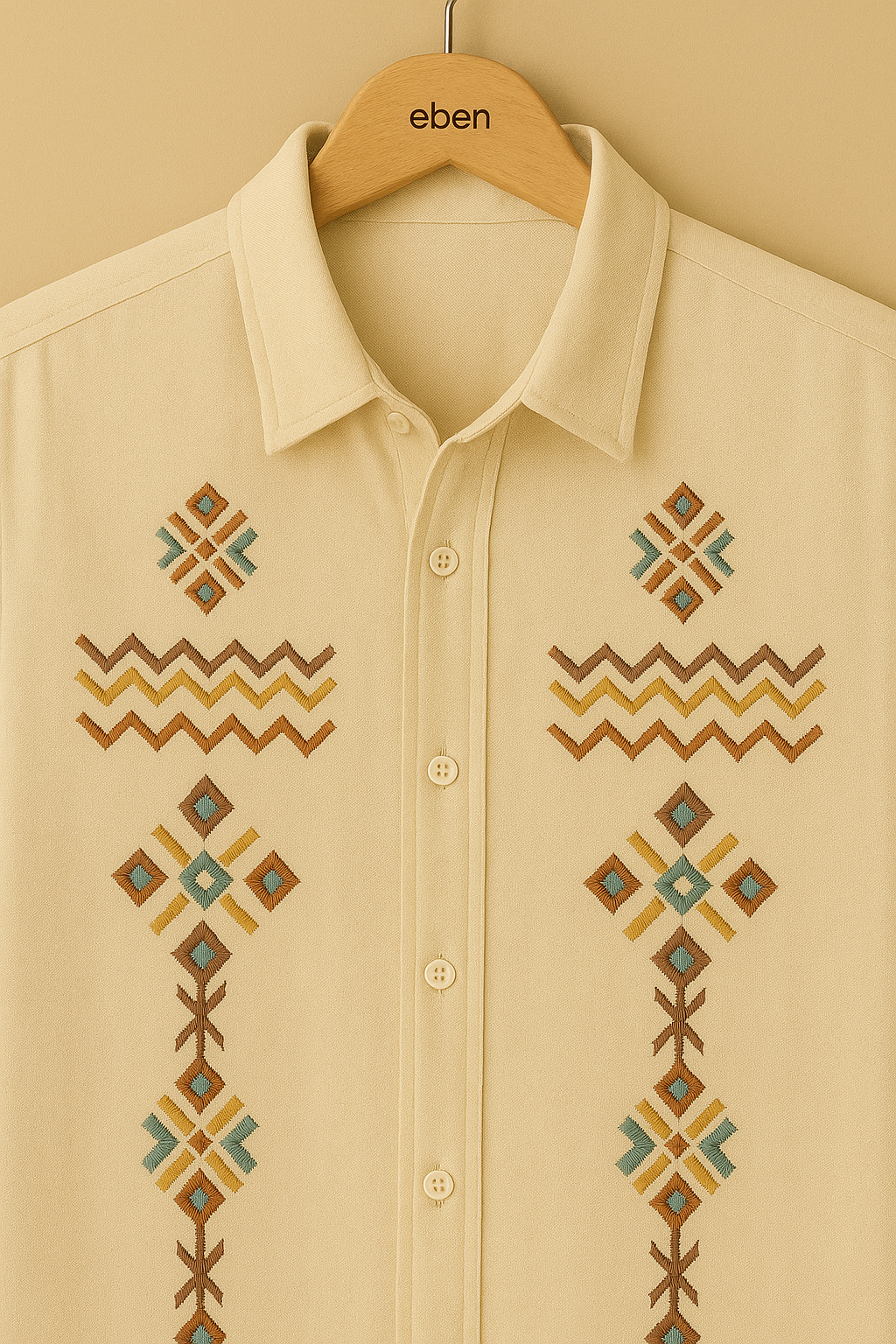 Men’s Vintage Embroidered Short Sleeve Shirt – Beige