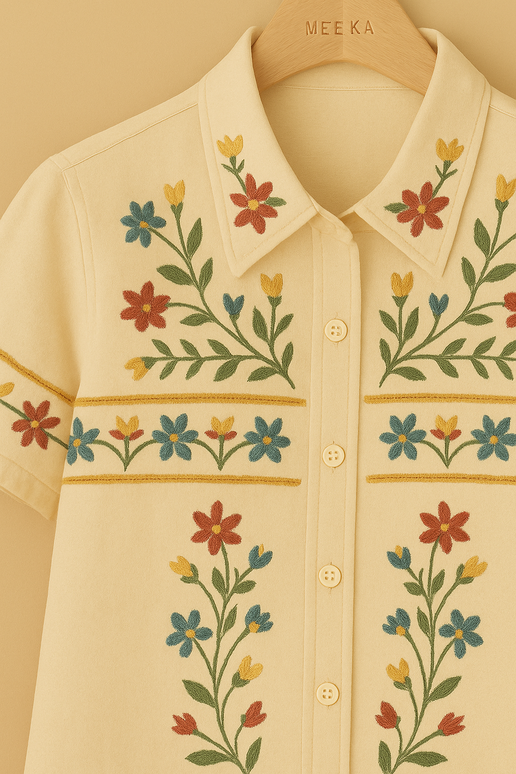 Vintage Floral Embroidered Short-Sleeve Shirt