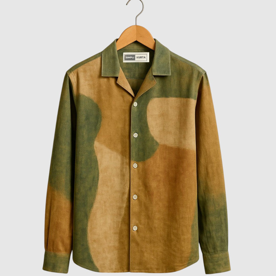 Men’s Abstract Brush-Dyed Shirt - Olive Green & Sand Earth-Tone Artistic Print