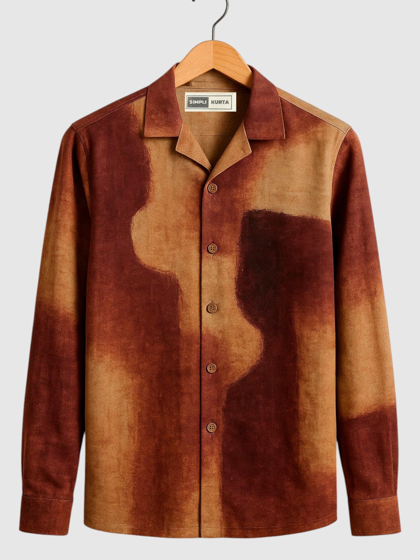 Men's Oversized Abstract Brush-Dyed Casual Shirt – Brown & Beige Artistic Print