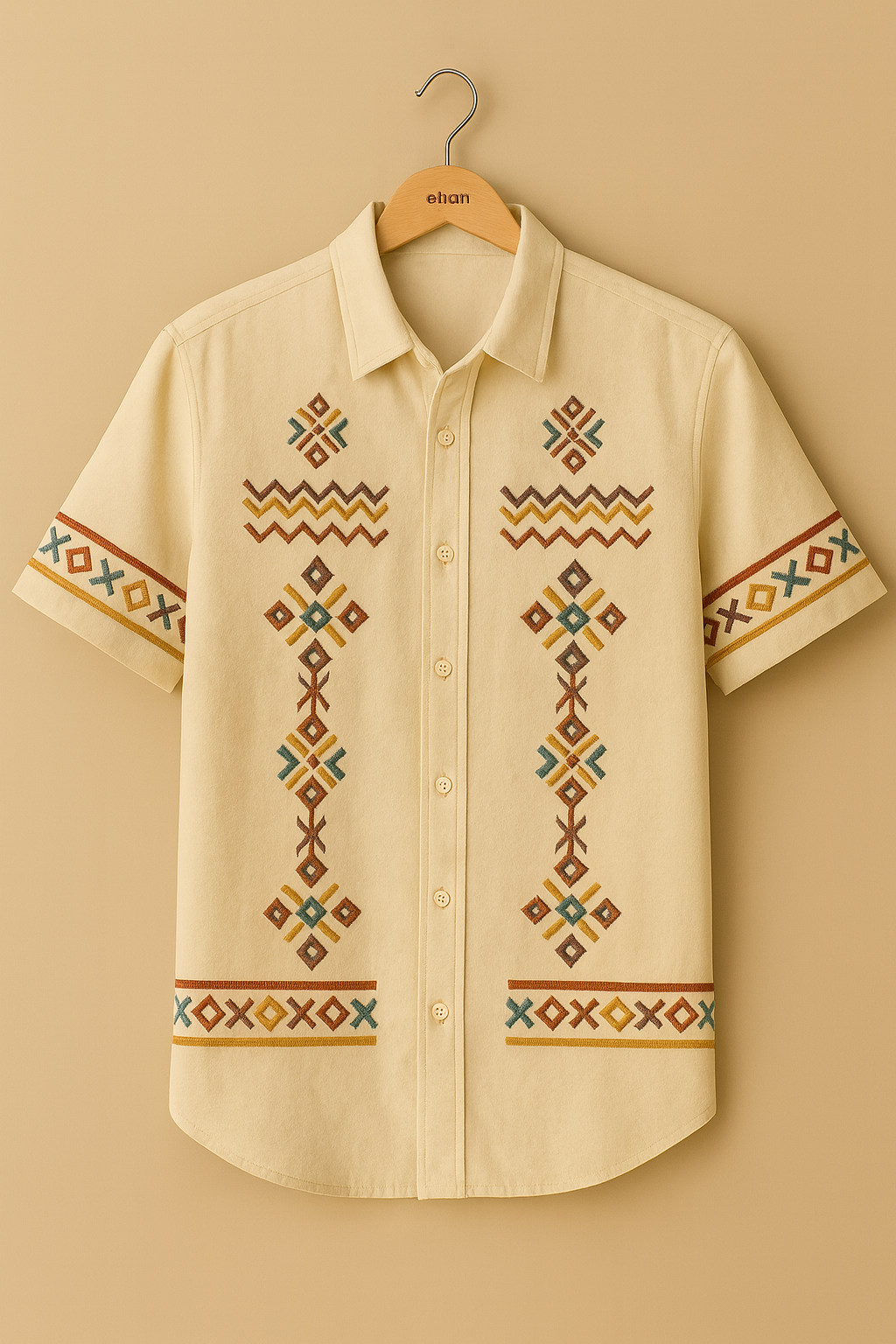 Men’s Vintage Embroidered Short Sleeve Shirt – Beige