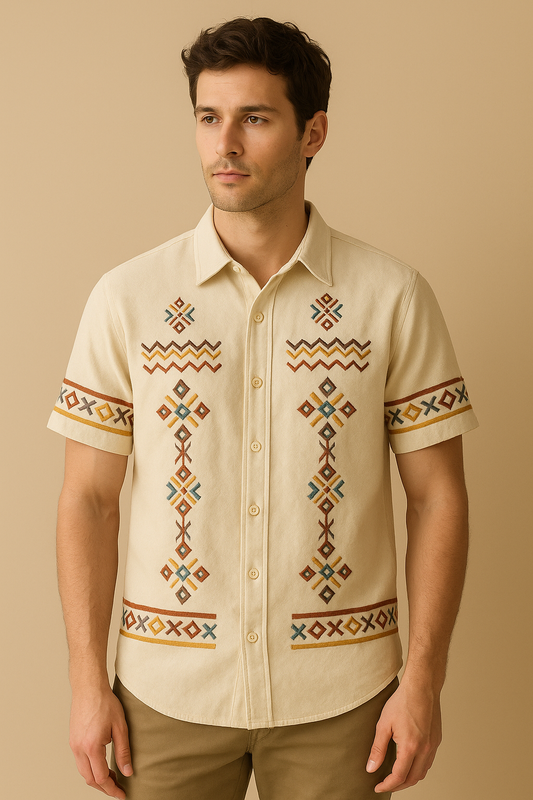Men’s Vintage Embroidered Short Sleeve Shirt – Beige