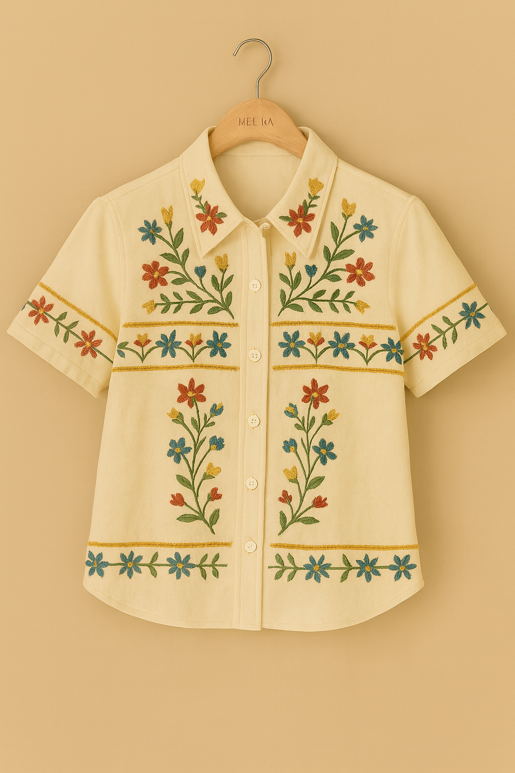 Vintage Floral Embroidered Short-Sleeve Shirt