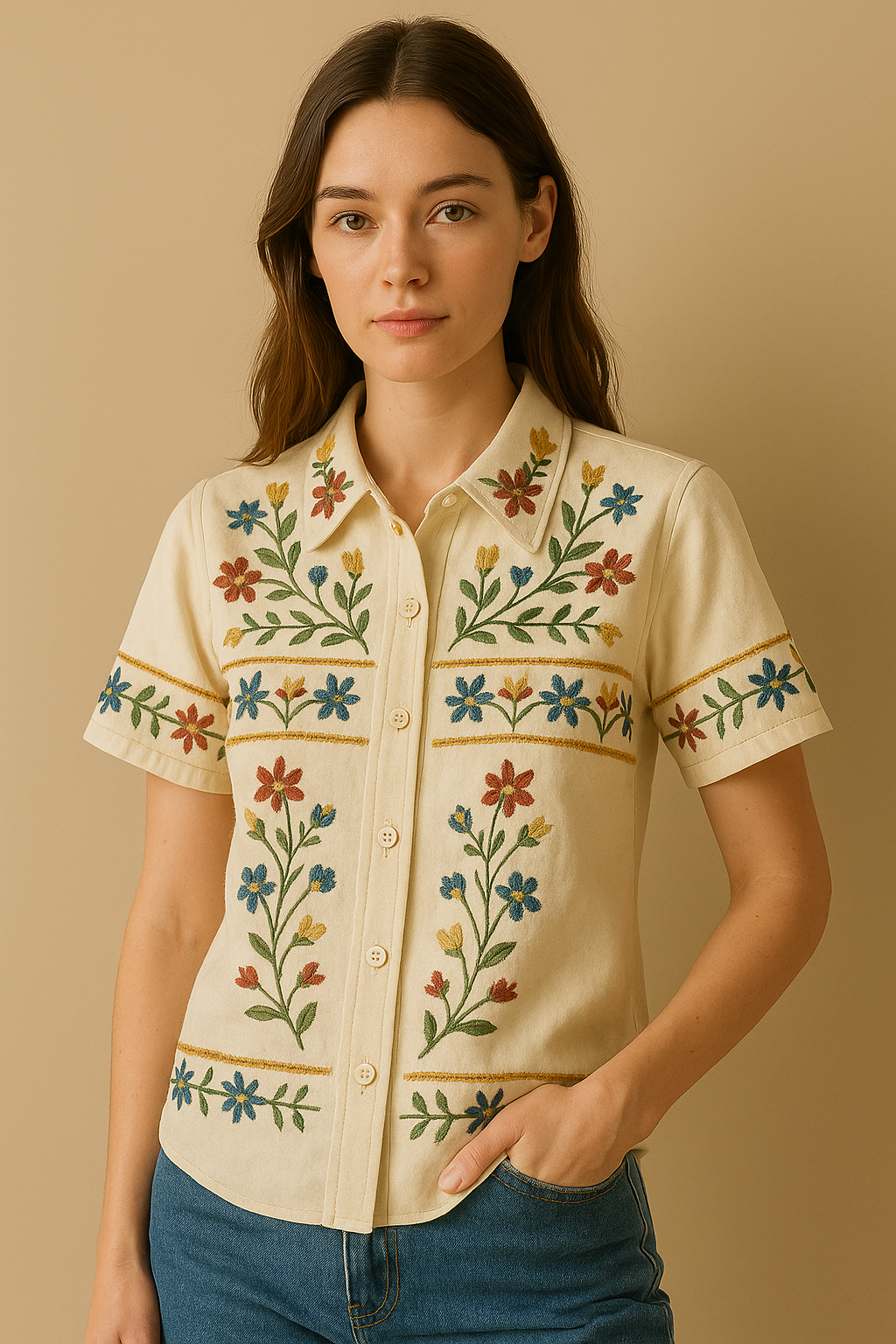 Vintage Floral Embroidered Short-Sleeve Shirt