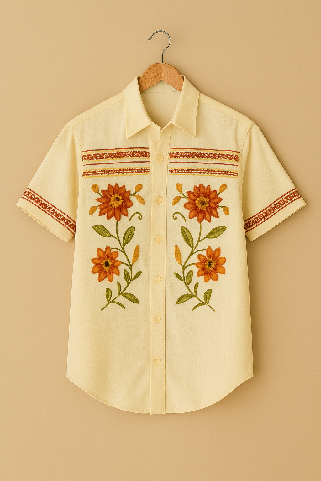 Men’s Vintage Floral Embroidered Short Sleeve Shirt – Cream