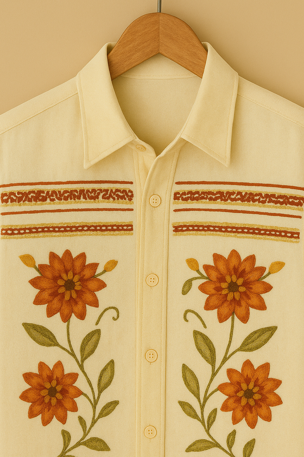 Men’s Vintage Floral Embroidered Short Sleeve Shirt – Cream