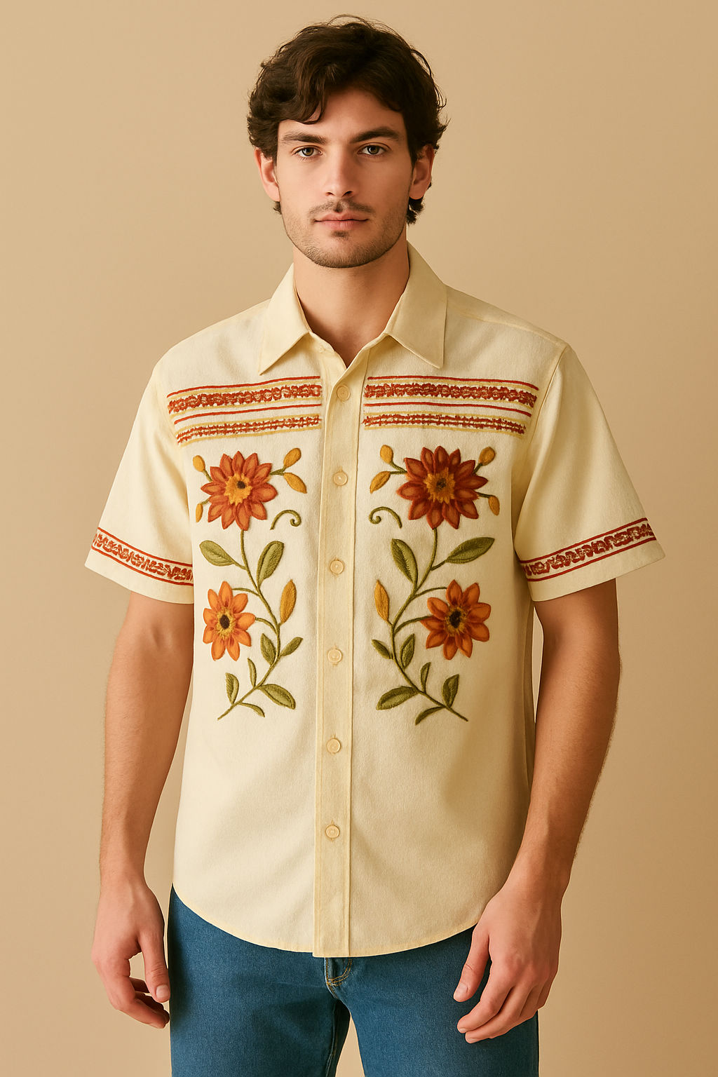 Men's Vintage Floral Embroidered Short Sleeve Shirt – Cream