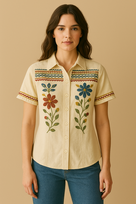Women’s Bohemian Floral Embroidered Cotton Shirt