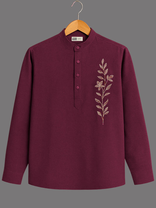 Men’s Premium Maroon Cotton Kurta Shirt – Floral Embroidery | Festive & Casual Wear