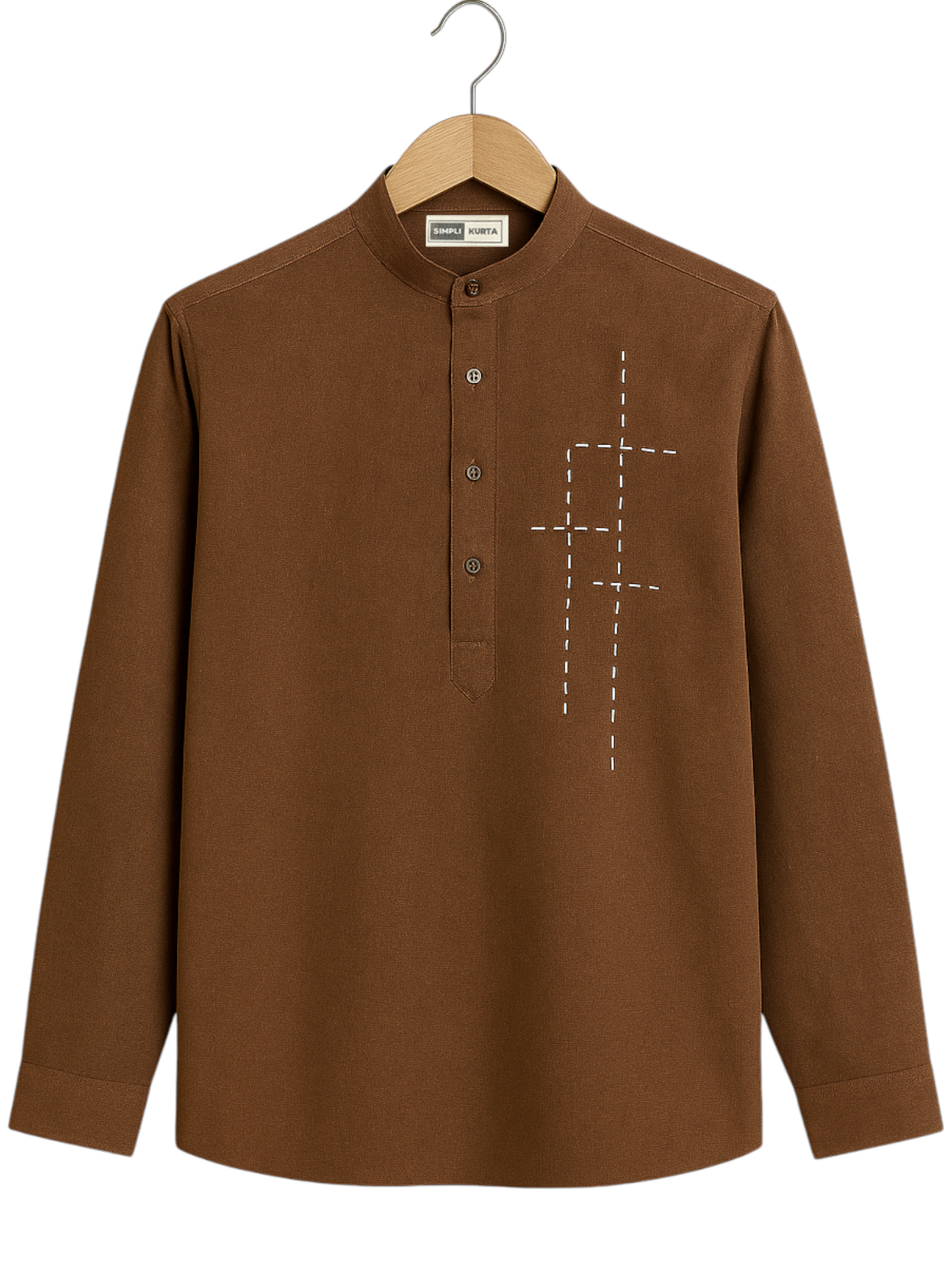 Men’s Premium Brown Cotton Kurta – Minimal Line Embroidery | Everyday Wear