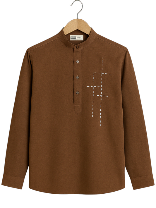 Men’s Premium Brown Cotton Kurta – Minimal Line Embroidery | Everyday Wear