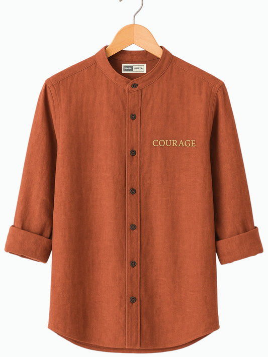 Men’s Rust-Orange Cotton Kurta Shirt – Mandarin Collar, Casual & Festive Wear